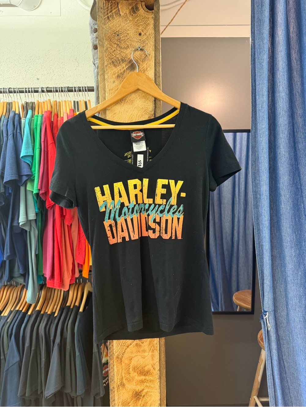 Vintage womens Harley-Davidson Black V-Neck Tee with Yellow, Teal & Orange Logo